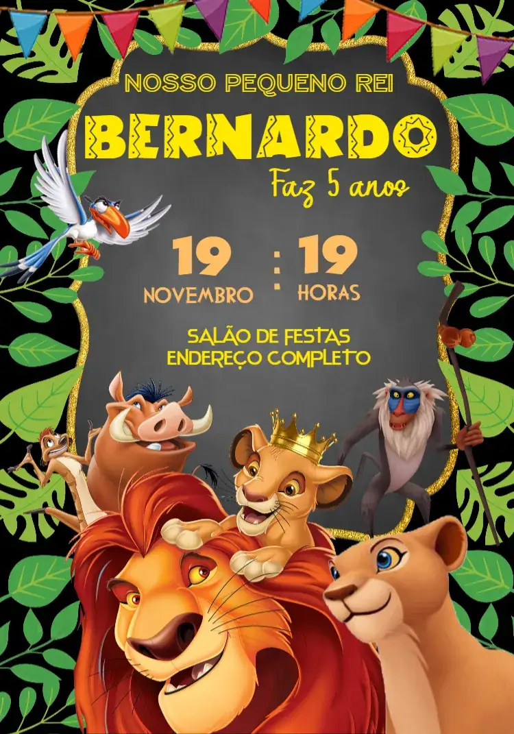 Convite Rei Leão Laranja – tema Aniversário Infantil animais, savana, cores vibrantes, aventura, infantil, divertido