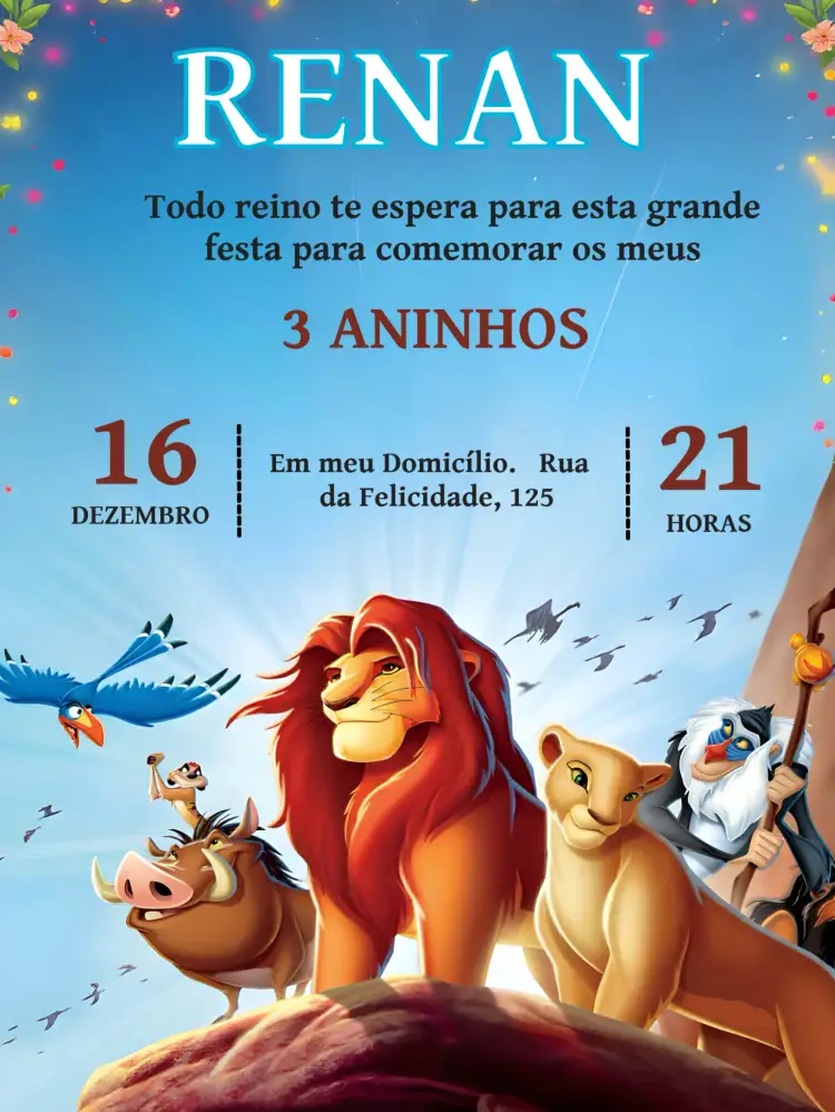 Convite Rei Leão – tema Aniversário Infantil cores vibrantes, estilo divertido, elementos da selva, ilustração lúdica, inspirado no cinema, tons quentes