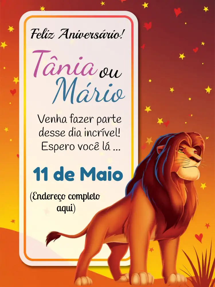 Convite Rei Leão Modelo – tema Aniversário Infantil colorido, temático, divertido, animais, savana, vibrante