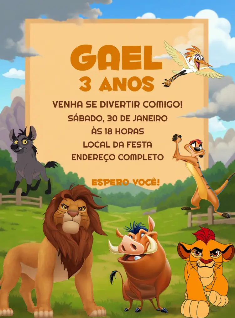 Convite Rei Leão Mufasa – tema Aniversário Infantil colorido, temático, animais, savana, divertido