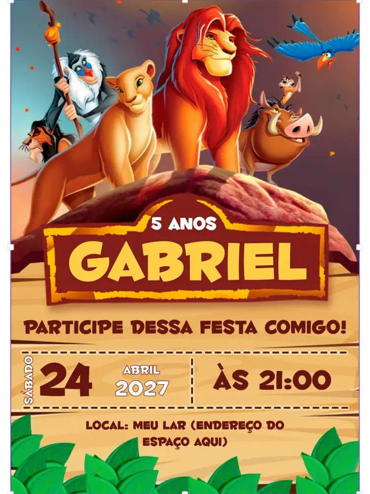 Convite Rei Leão Mufasa Simba – tema Aniversário Infantil cores vibrantes, estilo lúdico, elementos da selva, ilustrações animadas, tema safari, estética divertida