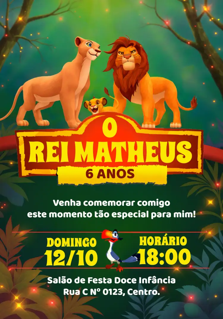 Convite Rei Leão Nala – tema Aniversário Infantil colorido, temático, divertido, infantil, selva