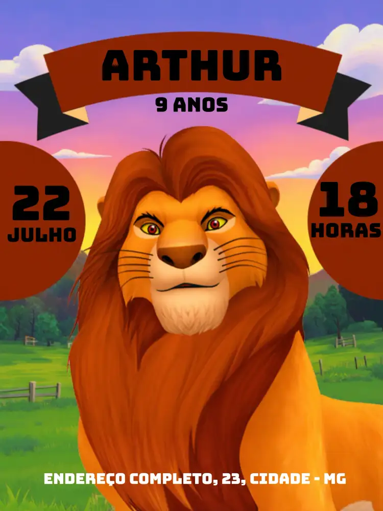 Convite Rei Leão Preto – tema Aniversário Infantil cores quentes, estilo selvagem, elementos gráficos do Rei Leão, design divertido, paleta de cores naturais