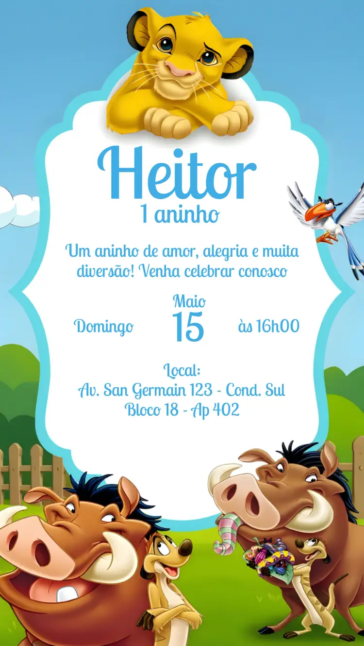 Convite Rei Leão Pumba