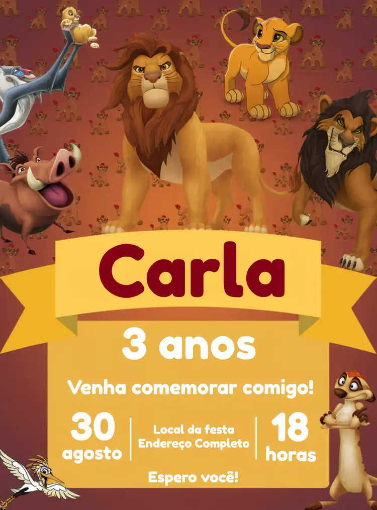 Convite Rei Leão Pumba – tema Aniversário Infantil colorido, temática Disney, animais, aventura, alegre, infantil