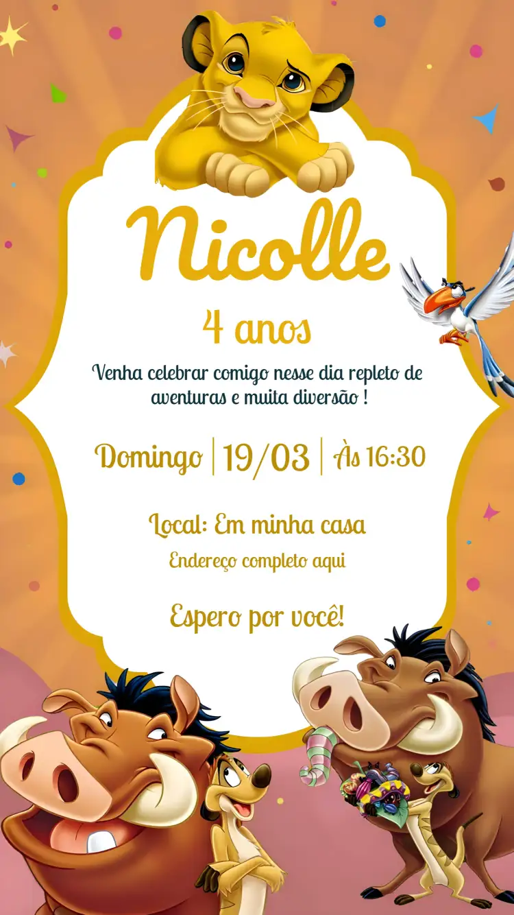 Convite Rei Leão – tema Aniversário Infantil Rei Leão, Animais, Infantil