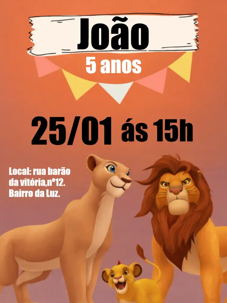 Convite Rei Leão Scar – tema Aniversário Infantil savana, Disney, animais, cores vibrantes, aventura