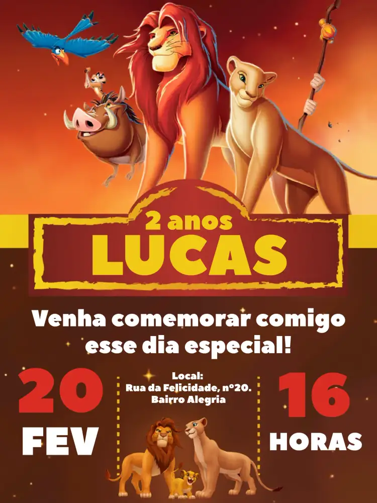 Convite Rei Leão Selva – tema Aniversário Infantil selva, colorido, disney, aventura, animais, tropical