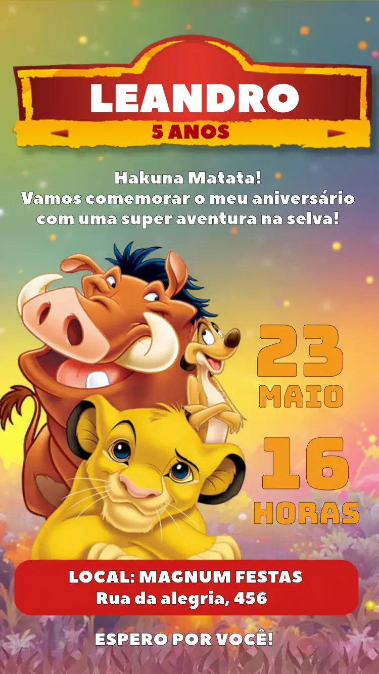Convite Rei Leão Simba – tema Aniversário Infantil temática Disney, cores vibrantes, estilo safari, elementos gráficos de animais, design divertido, ilustrações lúdicas