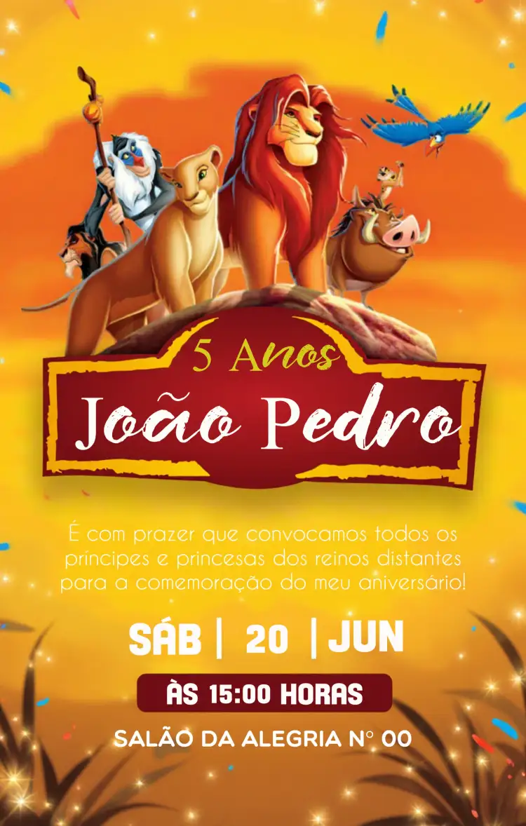 Convite Rei Leão Simba – tema Aniversário Infantil temática safari, cores quentes, ilustrações da Disney, estilo divertido, elementos africanos, design lúdico