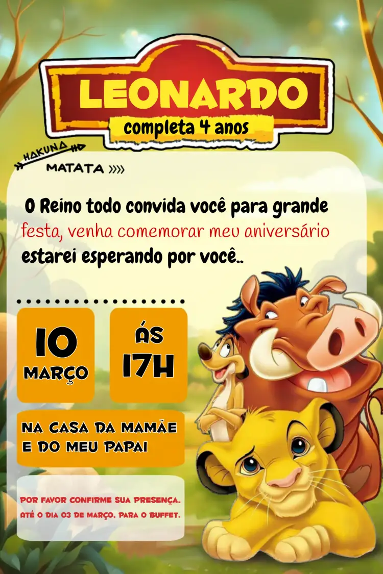 Convite Rei Leão Simba