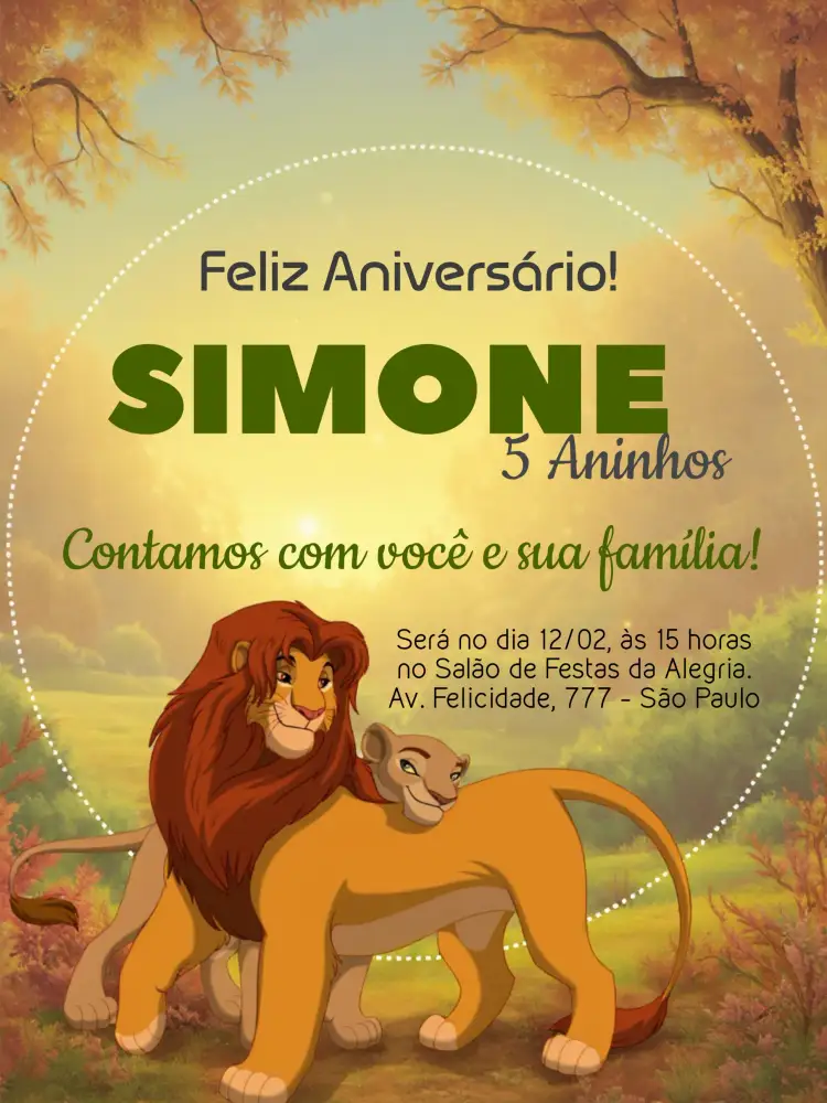 Convite Rei Leão Simba – tema Aniversário Infantil temática do Rei Leão, cores vibrantes, design lúdico, elementos gráficos do safari, estilo divertido, toques femininos