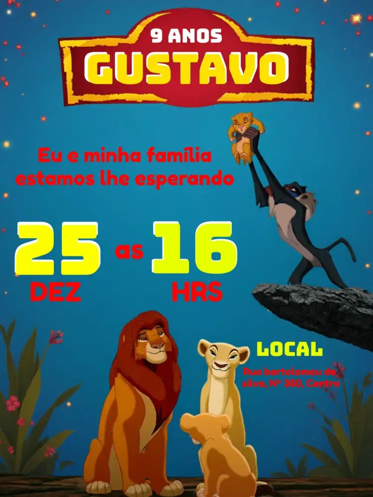 Convite Rei Leão Simba – tema Aniversário Infantil multicolorido, savana, animais, tropical, aventura