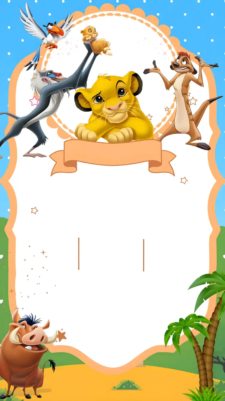 Convite Rei Leão Infantil – tema Aniversário Infantil amarelo, divertido, temático, colorido, animais, floresta