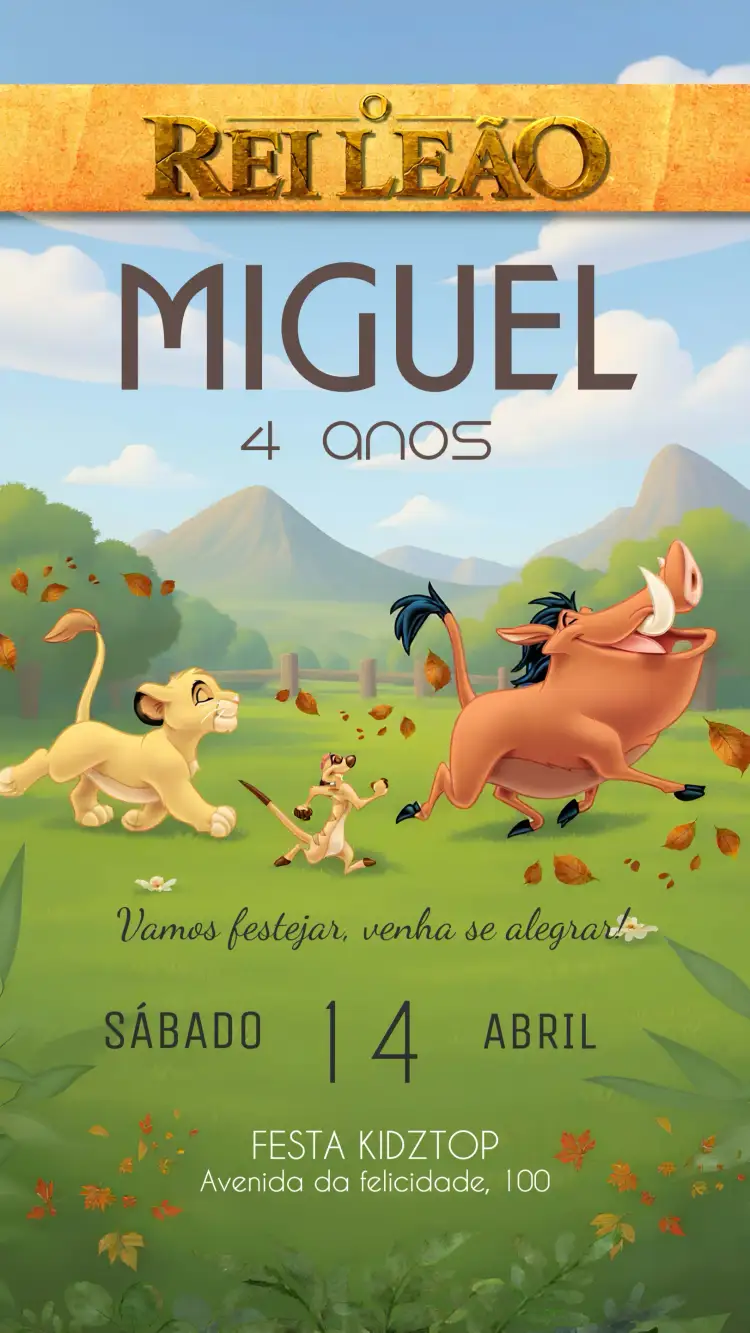 Convite Rei Leão Pumba – tema Aniversário Infantil colorido, florestal, divertido, animado, temático, jovial