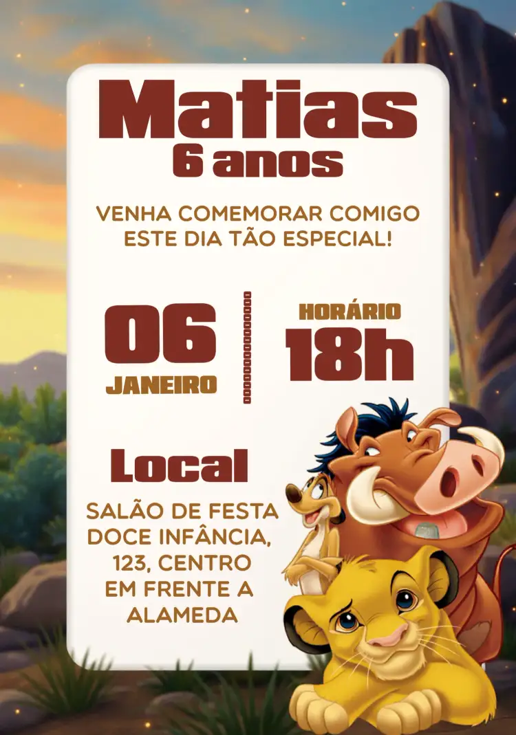 Convite Rei Leão Timão – tema Aniversário Infantil colorido, animal print, tropical, divertido, infantil, savana