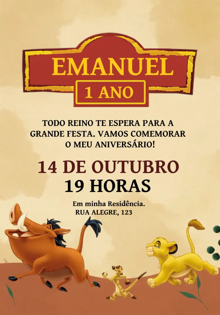 Convite Rei Leão Timão – tema Aniversário Infantil tropical, colorido, divertido, animais, aventura