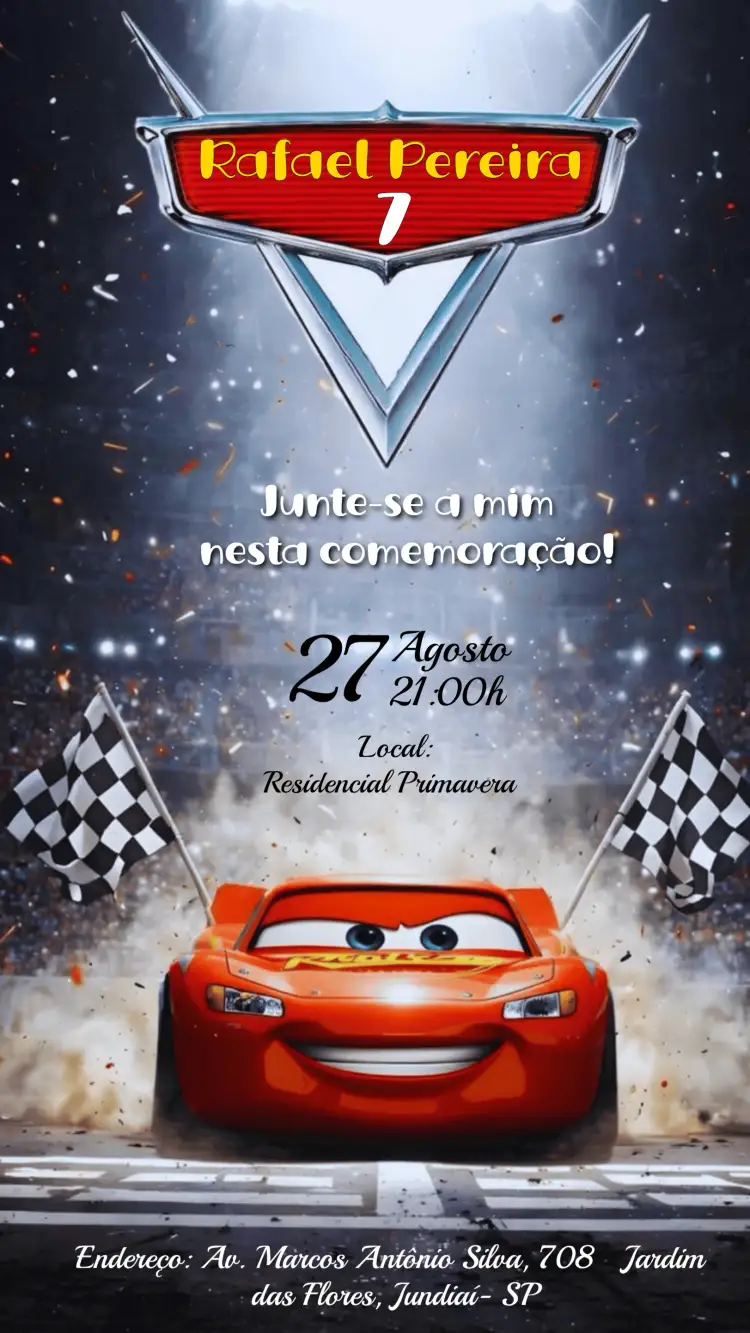 Convite Relâmpago Mcqueen Carros – tema Mais pesquisados vermelho vibrante, estilo cartoon, elementos gráficos de carros, temática de velocidade, fundo colorido, detalhes divertidos