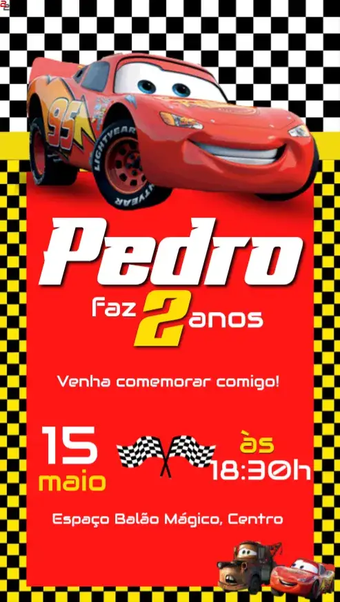 Convite Relâmpago McQueen Carros – tema Aniversário Infantil colorido, divertido, temático, vibrante, moderno