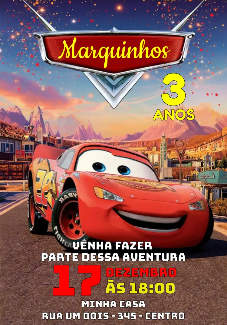 Convite Relâmpago Mcqueen Carros – tema Mais pesquisados vibrante, colorido, temático, divertido, infantil, moderno