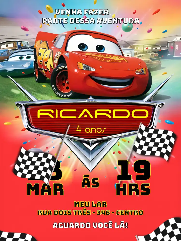 Convite Relâmpago Mcqueen Corrida – tema Mais pesquisados vermelho vibrante, carros de corrida, estilo infantil, gráficos divertidos, tema de aventura, elementos da Disney