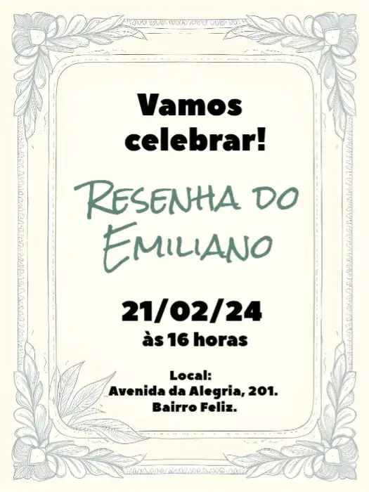 Convite Resenha Adulto – tema Aniversário folhas verdes, moderno, elegante, minimalista, descontraído