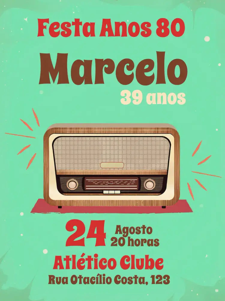 Convite Retrô Anos 80 – tema 15 anos vintage, colorido, nostálgico, divertido, brilhante, estilo anos 80