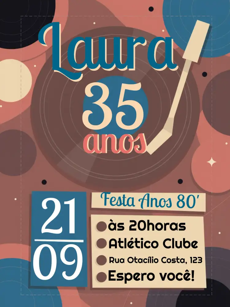 Convite Retrô Anos 80 Disco – tema 15 anos retrô, anos 80, vintage, colorido, musical, disco