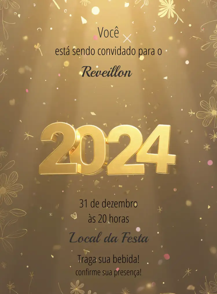 Convite Reveillon 2024 Ano Novo Festa – tema Datas Comemorativas dourado, moderno, festivo, elegante, brilhante