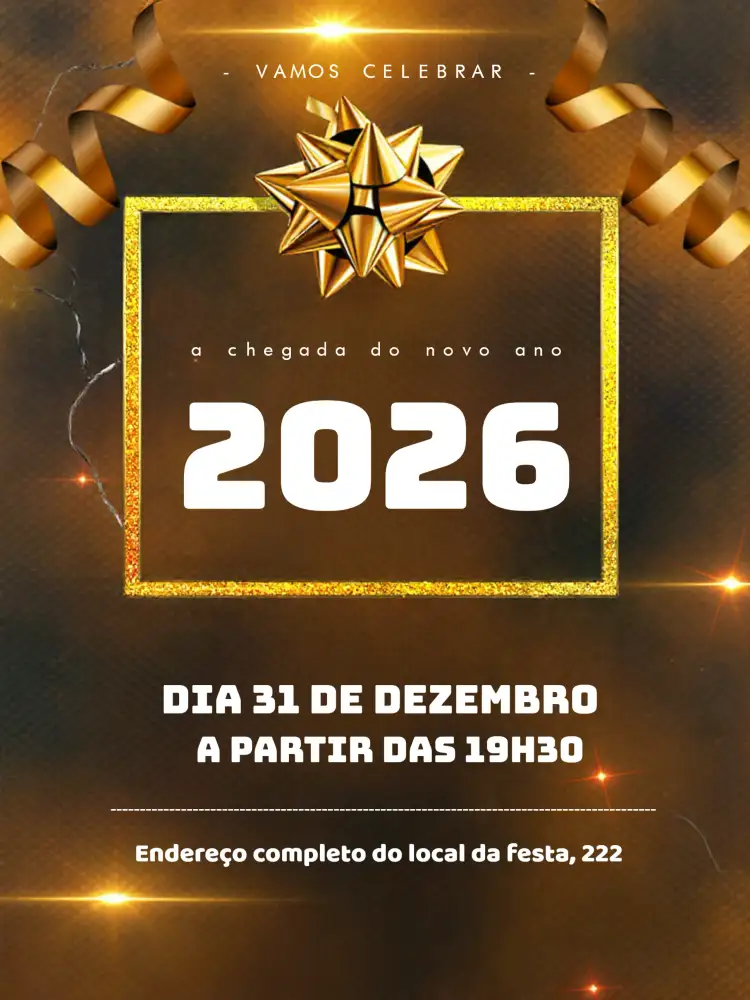 Convite Réveillon Reveillon – tema Datas Comemorativas dourado, modernos, festivo, branco e azul, minimalista, colorido