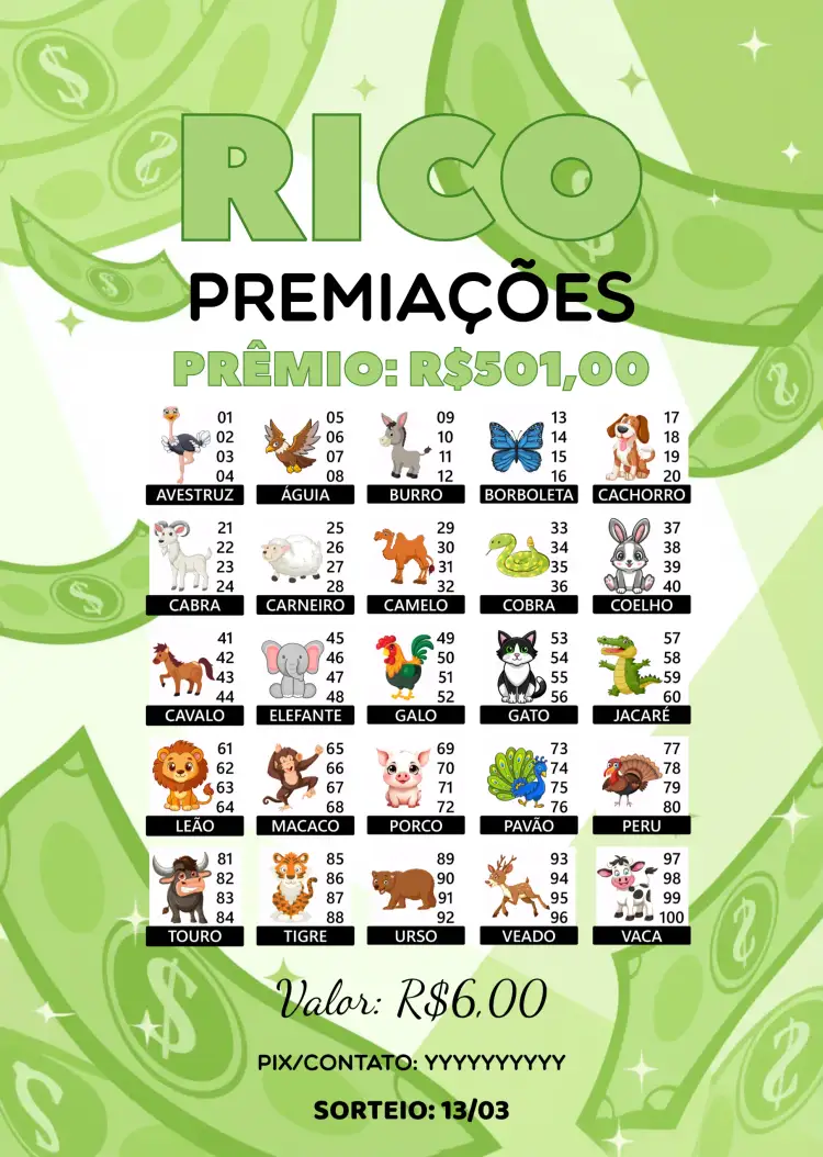 Convite Rifa De Bicho Premiações Animais – tema Cartelas colorido, lúdico, divertido, animal print, moderno, jovial
