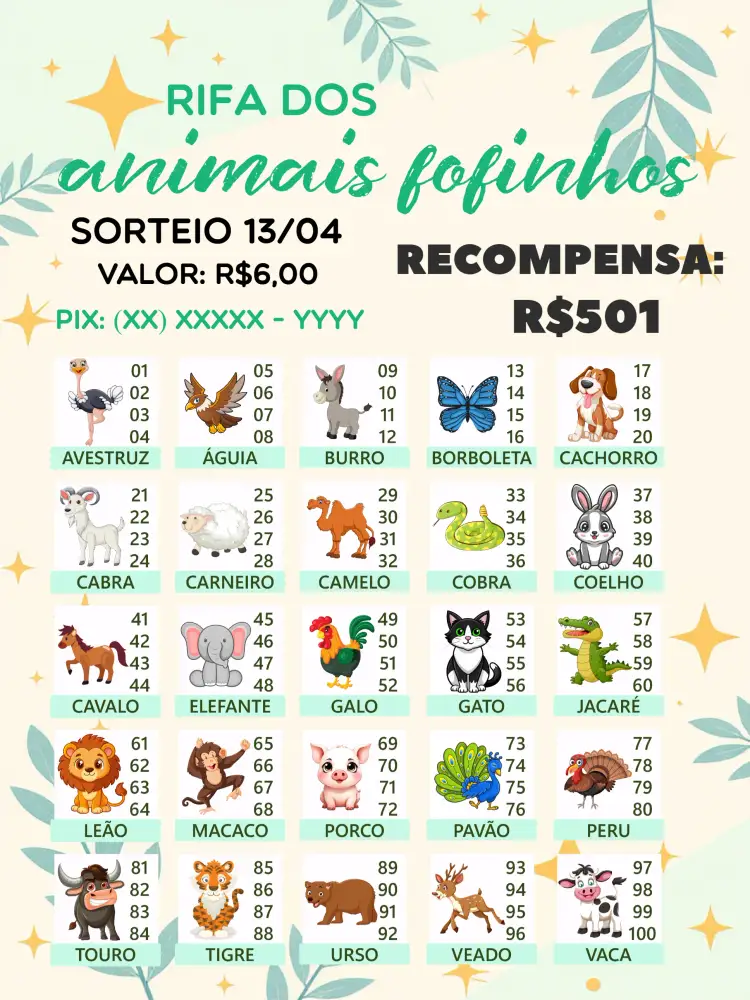 Convite Rifa De Bicho Premiações Bichinhos – tema Cartelas colorido, lúdico, divertido, infantil, moderno