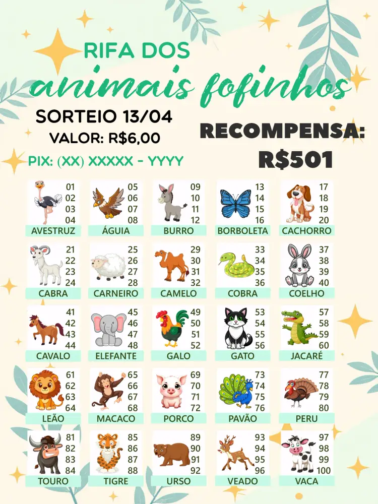 Convite Rifa De Bicho Premiações Bichinhos editável e personalizável