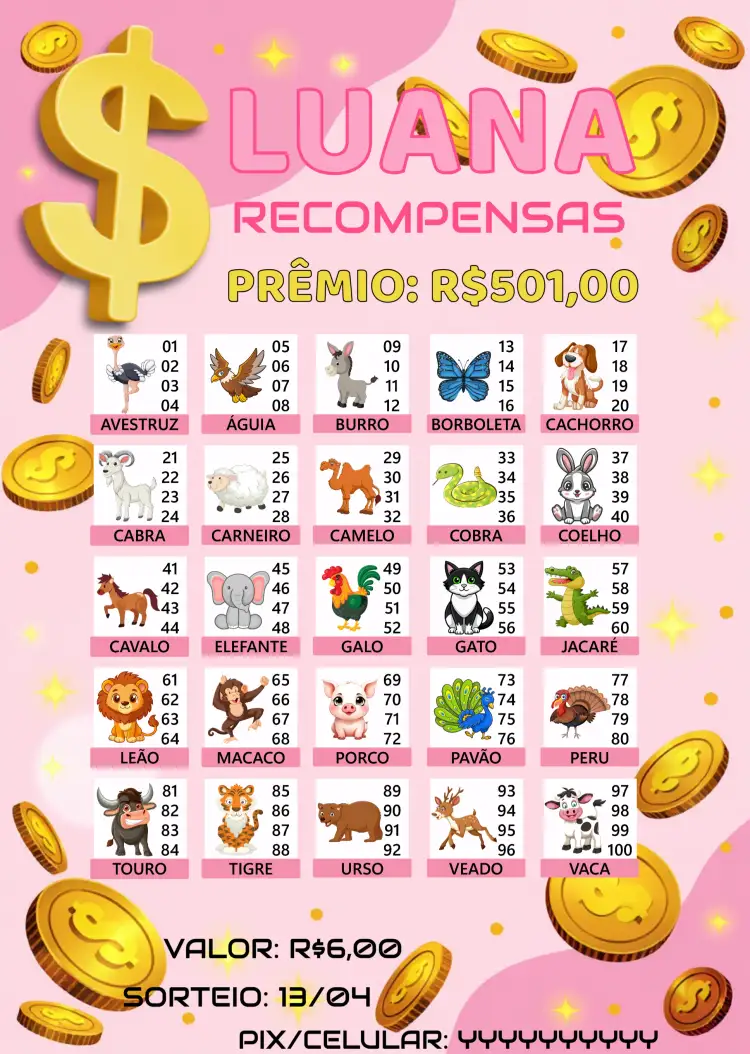 Convite Rifa De Bicho Premiações Bixo – tema Cartelas colorido, divertido, animais, jovial, brincalhão, ilustrações