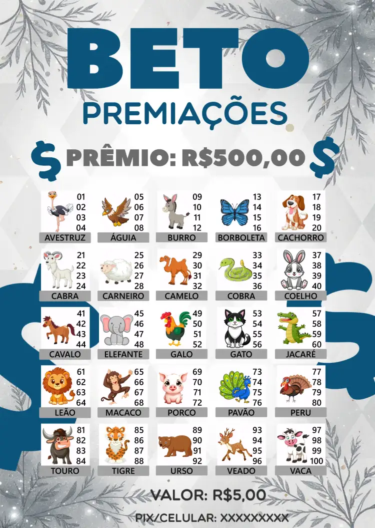 Convite Rifa De Bicho Premiações Cartela – tema Cartelas colorido, divertido, animais, moderno, jovial
