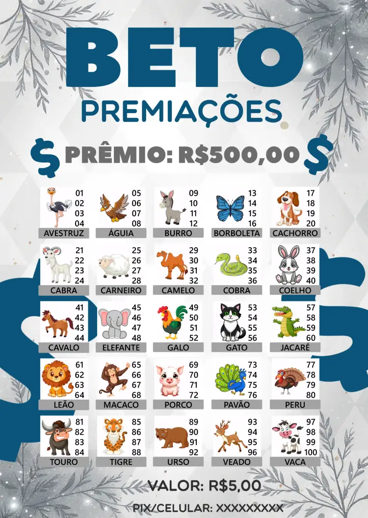 Convite Rifa De Bicho Premiações Cartela editável e personalizável