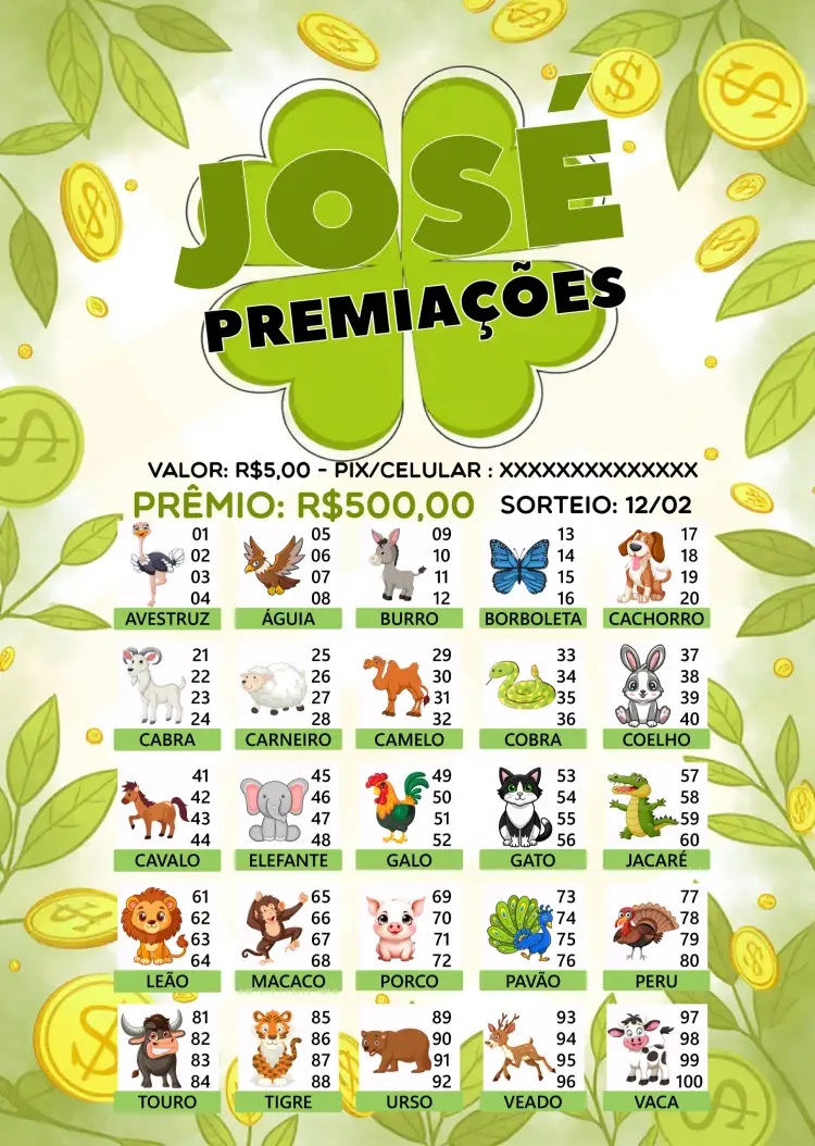Convite Rifa De Bicho Premiações Cartela – tema Cartelas colorido, divertido, animais, brincalhão, moderno, vibrante