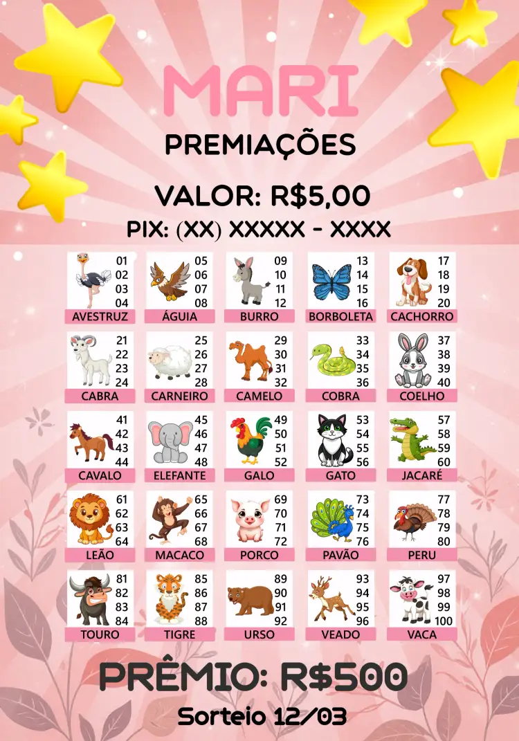 Convite Rifa De Bicho Premiações Estrela – tema Cartelas rosa, divertido, jogos, estrela, bichinhos, colorido