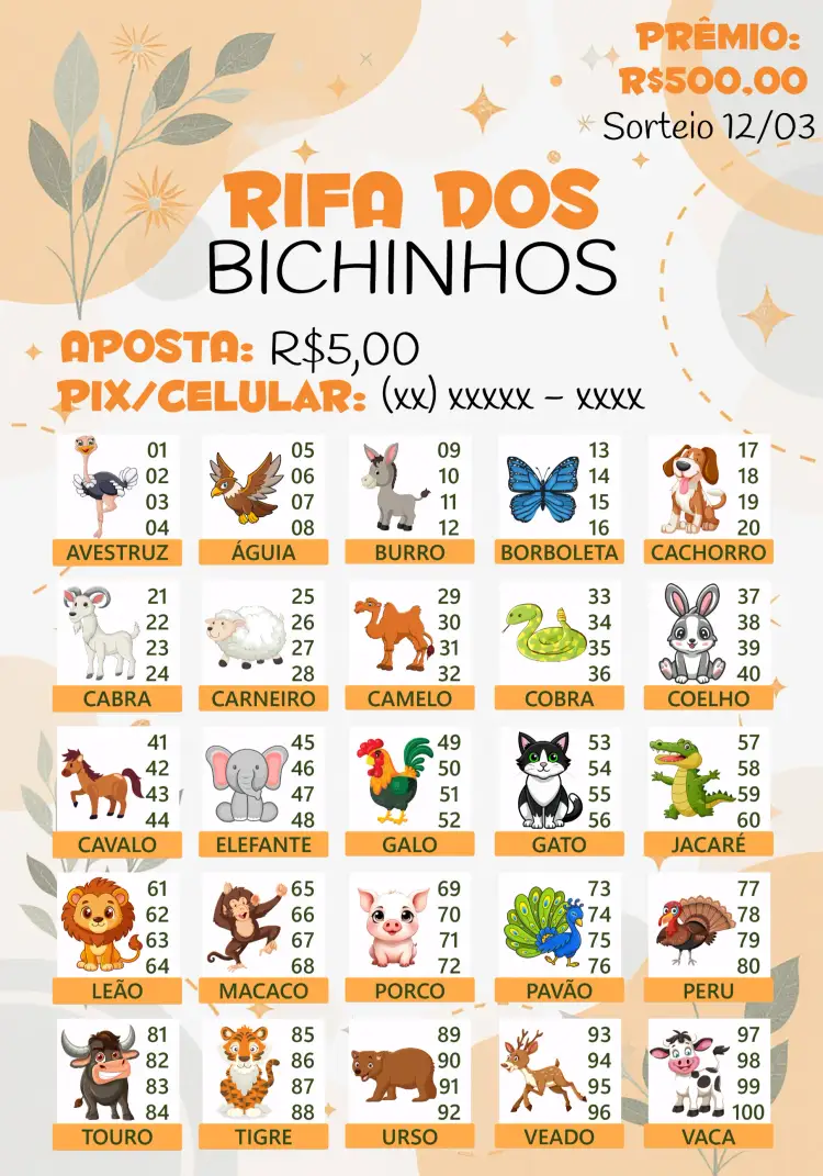 Convite Rifa De Bicho Premiações Jogo – tema Cartelas colorido, divertido, jovial, lúdico, festivo, animado