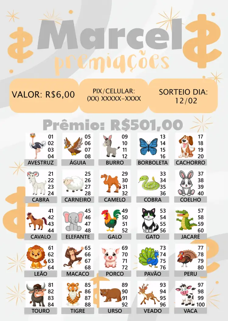 Convite Rifa De Bicho Premiações Premiacoes – tema Cartelas colorido, divertido, animais, moderno, jogos, vibrante