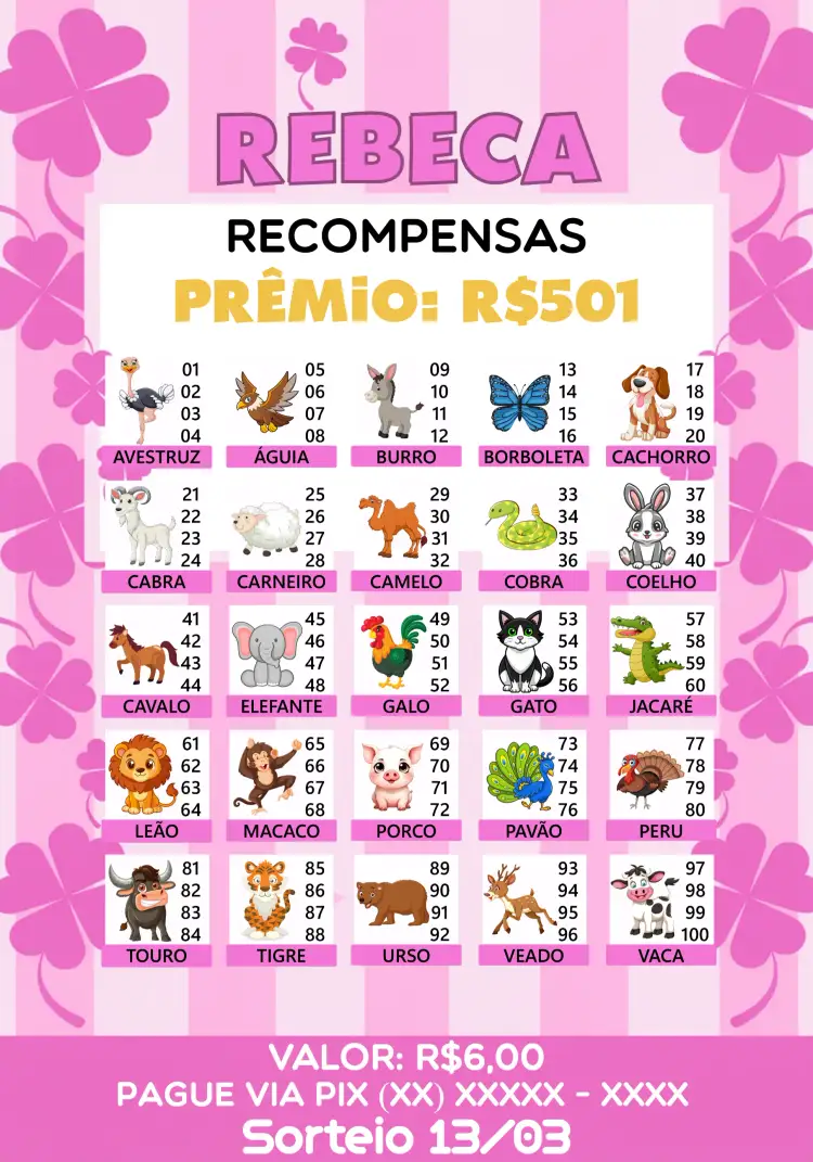 Convite Rifa De Bicho Premiações Premiacao – tema Cartelas colorido, lúdico, divertido, moderno, jovial, ilustrações de animais