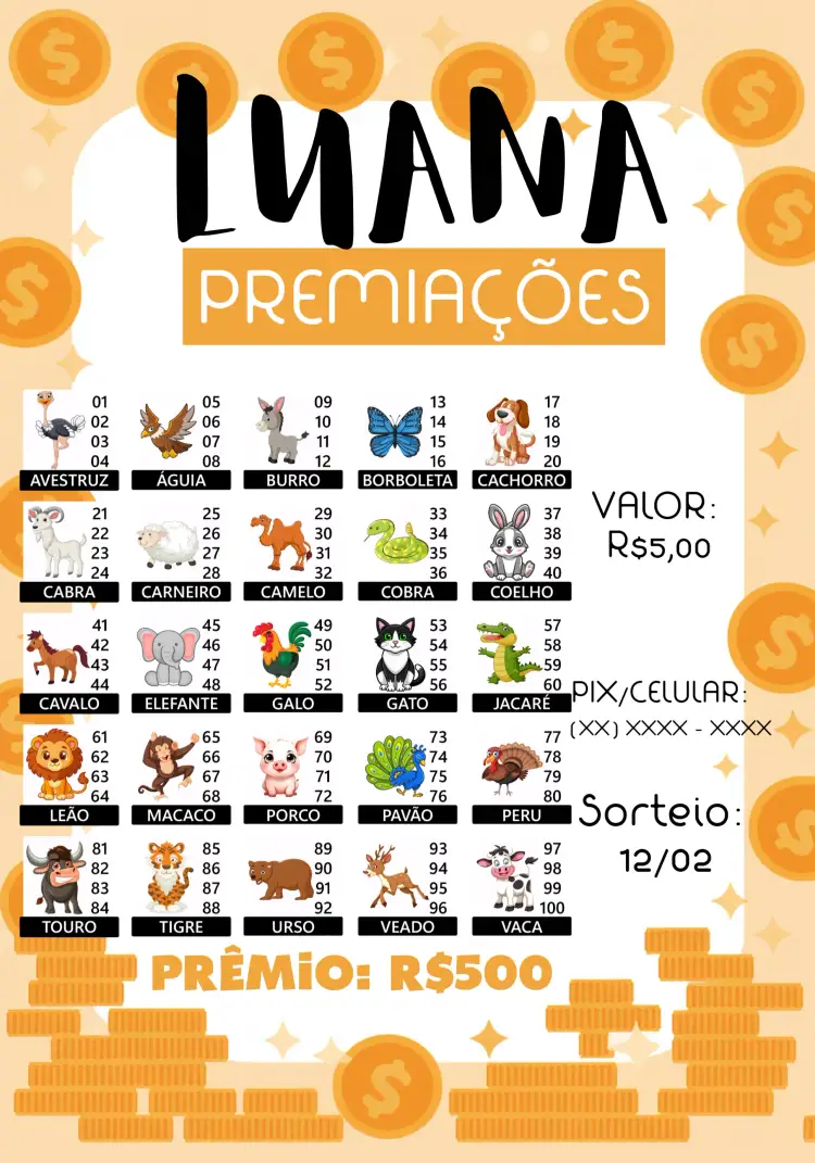 Convite Rifa De Bicho Premiações Bichinhos – tema Cartelas colorido, lúdico, divertido, infantil, animais, vibrante