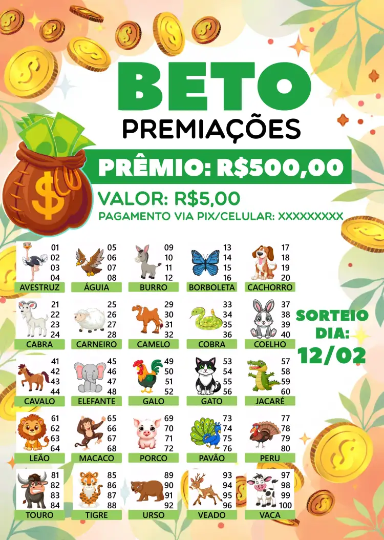 Convite Rifa De Bicho Premiações Premiacoes – tema Cartelas colorido, divertido, jogos de azar, moderno, animais, festivo