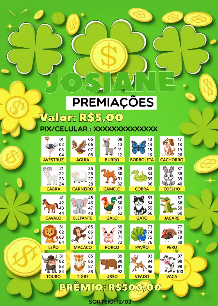 Convite Rifa De Bicho Premiações Premio – tema Cartelas colorido, divertido, ilustrações de animais, moderno, vintage, jogos