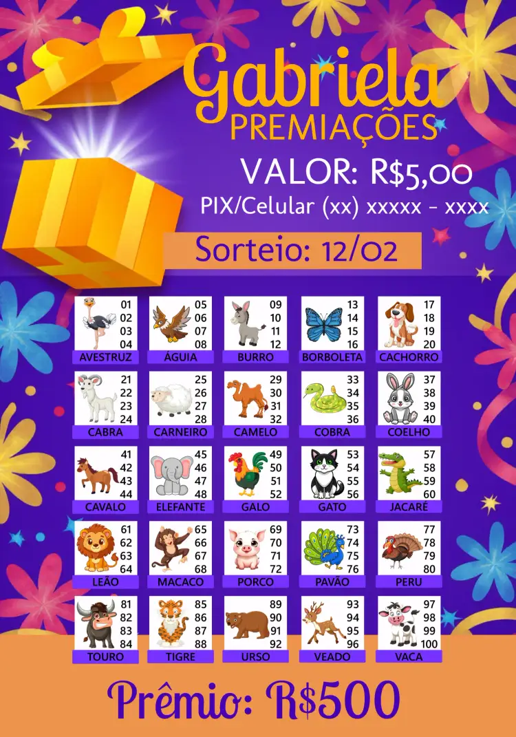 Convite Rifa De Bicho Premiações Tigre – tema Cartelas colorido, divertido, jungle, ilustrações de animais, moderno, jovial