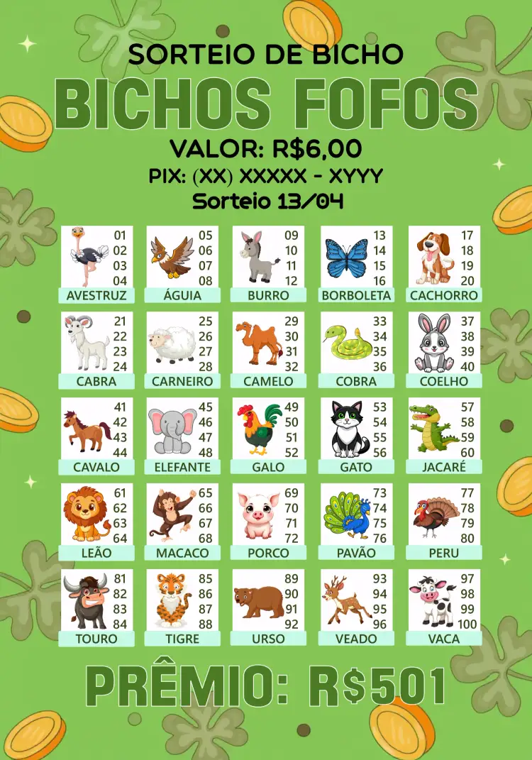 Convite Rifa De Bicho Premiações Verde – tema Cartelas verde, divertido, gráfico, natureza, colorido, temático