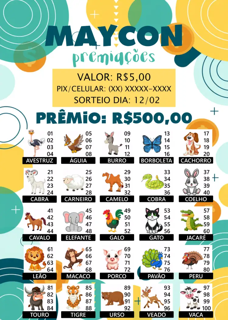 Convite Rifa De Bicho Pix – tema Cartelas colorido, divertido, jogos, animais, moderno