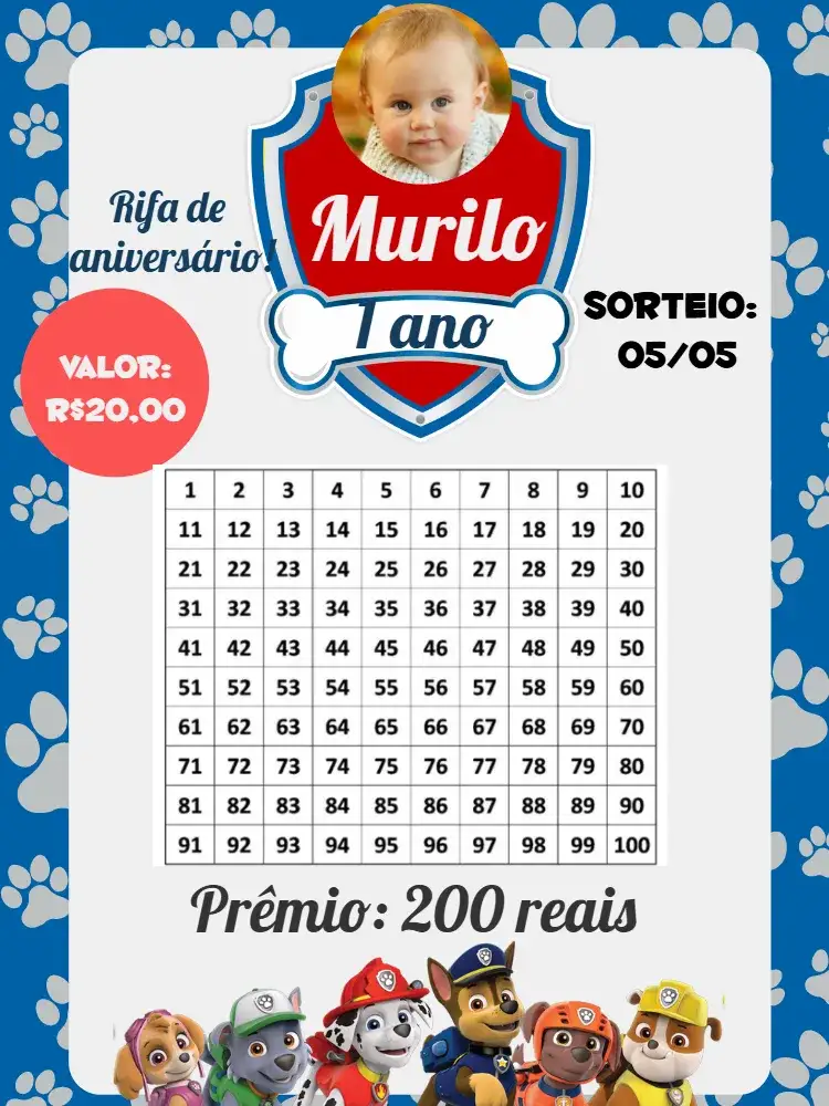 Convite Rifa De Patrulha Canina Cartela – tema Aniversário Infantil moderno, colorido, infantil, temático, divertido