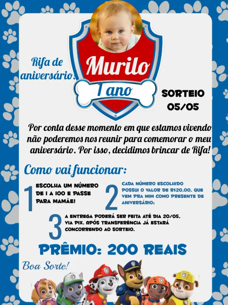 Convite Rifa De Patrulha Canina Chá – tema Aniversário Infantil colorido, divertido, infantil, temático, moderno
