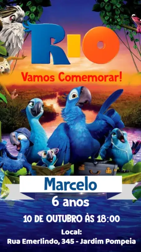Convite Rio o Filme – tema Aniversário Infantil colorido, animado, tropical, divertido, temático, ilustrativo